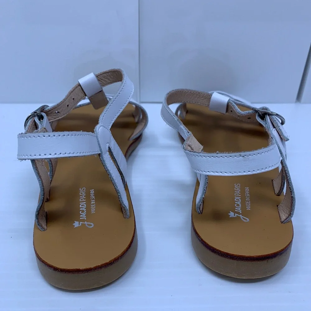 Jacadi Girls 35 (US Size 4) White Leather T-Strap Buckle Flat Sandals New